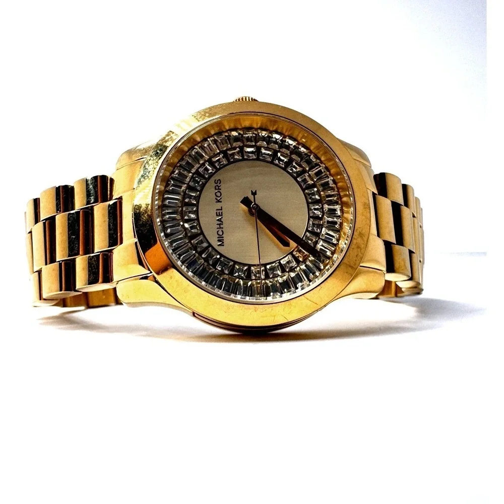 Michael Kors Gold Tone Crystal Bezel Quartz Watch Stainless Steel Bracelet